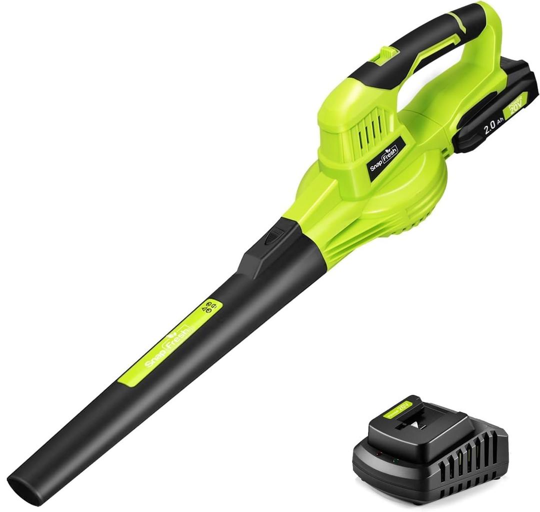 SnapFresh Cordless Leaf Blower - 20V Electric Leaf Blower with 2.0 Ah Battery and Charger - Lightweight 2-Speed Leaf Blower for Lawn Care and Yard/Garden/Patio Cleaning