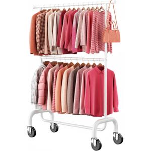 Heavy Duty Clothes Rack, 78.35" Rolling Clothing Rack for Hanging Clothes with Lockable Wheels, 6-Level Adjustable Double Rod Garment Rack for Bedroom, Laundry, Clothing Store, White