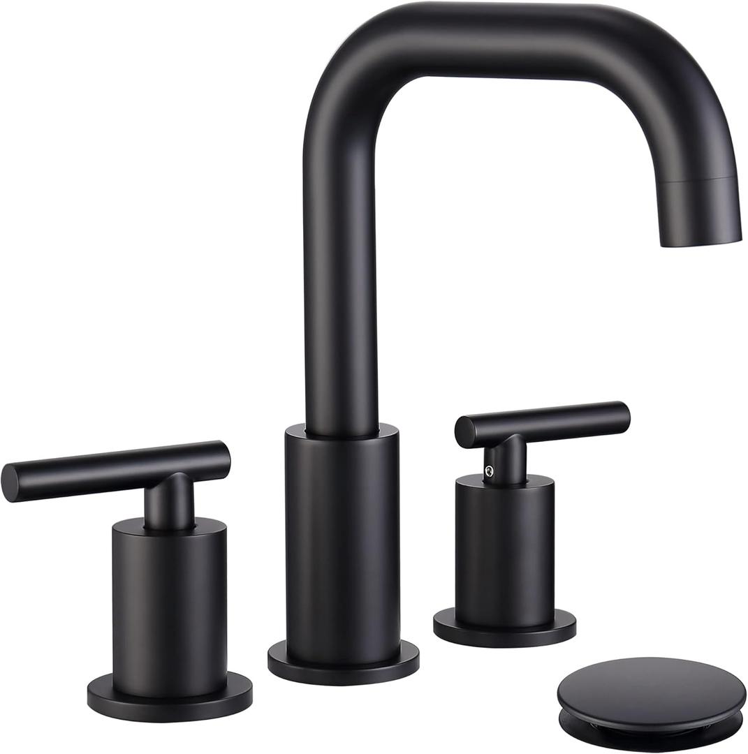 Widespread Bathroom Faucet Matte Black, 8 inch 2 Handles 3 Hole Black Bathroom Faucet with Pop Up Drain Assembly and Water Faucet Supply Hose, Black Bathroom Faucets for Sink 3 Hole CH3166BK