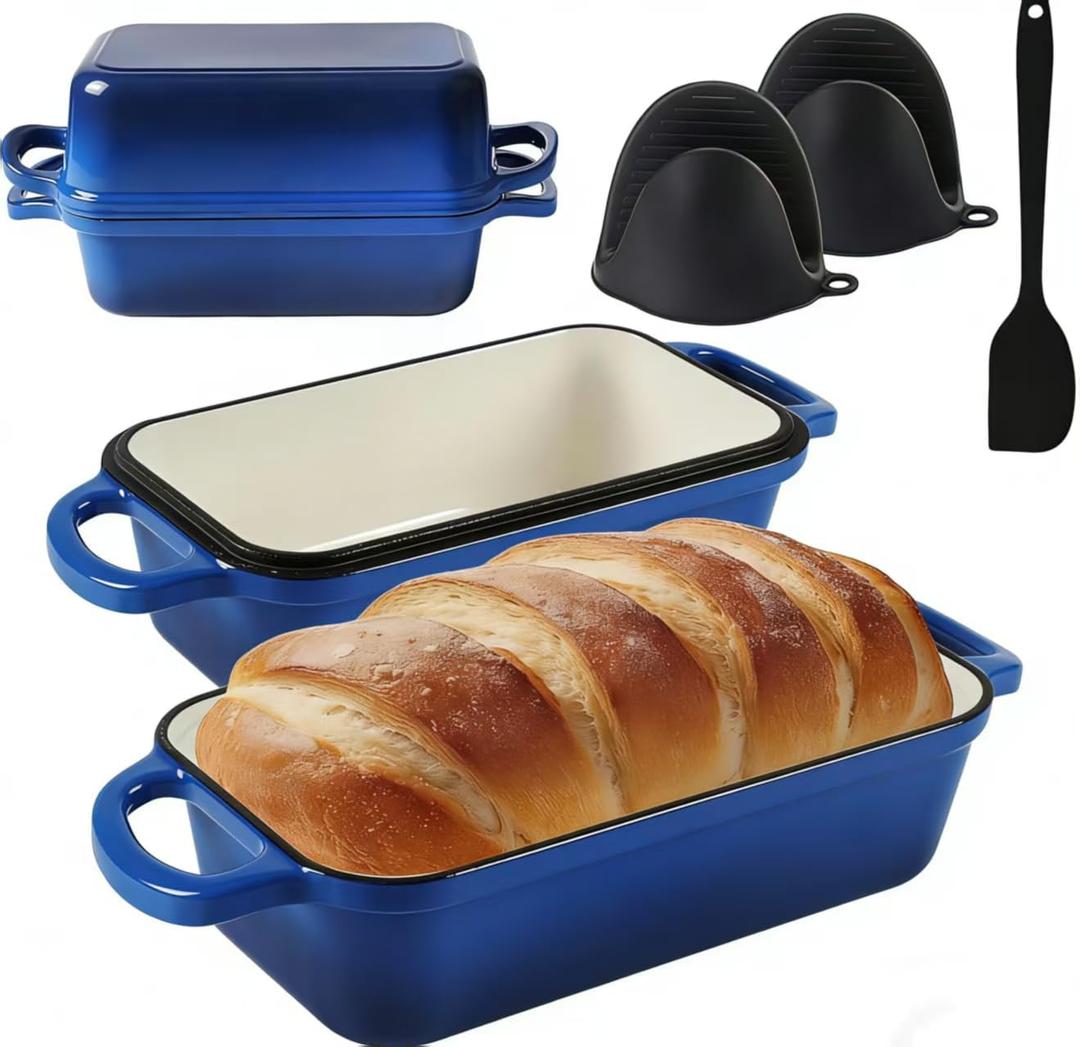 11x5 Inch Blue Cast Iron Loaf Pan with Lid,Large 5.8 Qt Dutch Oven Bread Sourdough Loaf Pan for SourdoughEven Heat Distribution Dutch Oven Bread Pan for Homemade Bread, Meatloaf