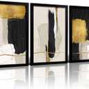 RZIGERNO 3 Pcs Black Gold Beige Abstract Wall Art, Minimalist Textured Geometric Framed Painting, Luxury Black Wood Frame Wall Decor for Living Room Bedroom, 12x16 Inches Ready to Hang