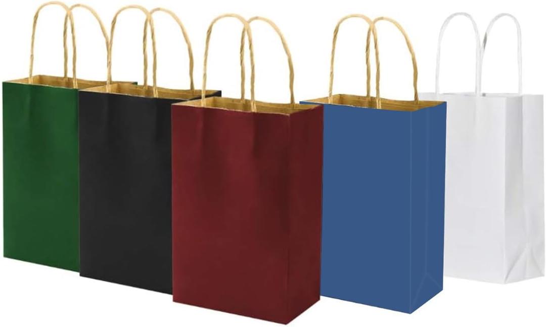 100 Pack Multicolor Small Color Gift Bags with Handles Bulk, 5.25x3.25x8 Inch White/Black/Green/Blue/Red Each 20pcs, bagmad Kraft Party Favors Grocery Retail Shopping Craft Paper Sacks (Multi Colored)