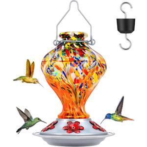 Hummingbird Feeder, BOLITE Glass Hummingbird Feeders for Outdoors Hanging, Hand Blown Twisted with Ant Moat, 5 Bee-Proof Ports, 360 Perch, Leak-Proof, 24oz, Orange, Gifts for Mom Dad Women Men