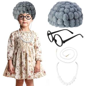 Kids Old Lady Costume Set Old Granny Wig Halloween100th Day Of School for Kids 3-8 (Gray)