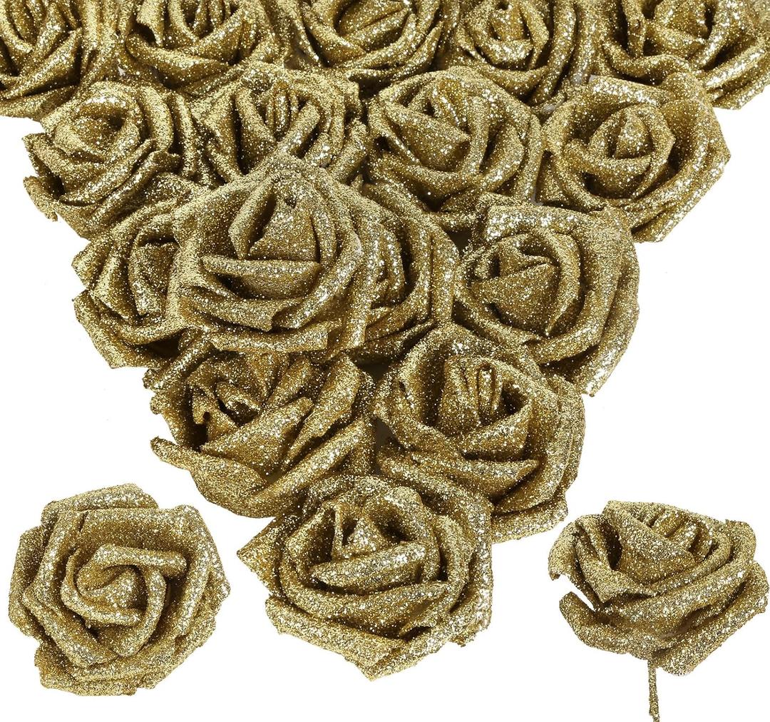 30pcs Glitter Gold Roses - 2.56" Gold Foam Roses Artificial Flowers with Stems for Bridal Shower Centerpieces, Wedding Bouquet, Table Decor