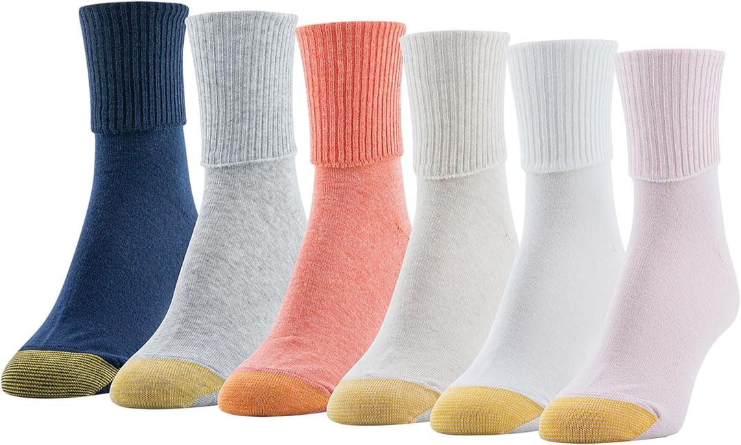 GOLDTOE Women's Classic Turn Cuff Socks (Multipairs) (Medium, White/Pink Assorted (6-pairs))