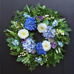 26 Inch Summer Wreaths for Front Door Outside Large Artificial Spring Wreath with Blue Hydrangea, White Peony Flowers and Eucalyptus Leaves Indoor Outdoor Porch Farmhouse Home Wall Dcor