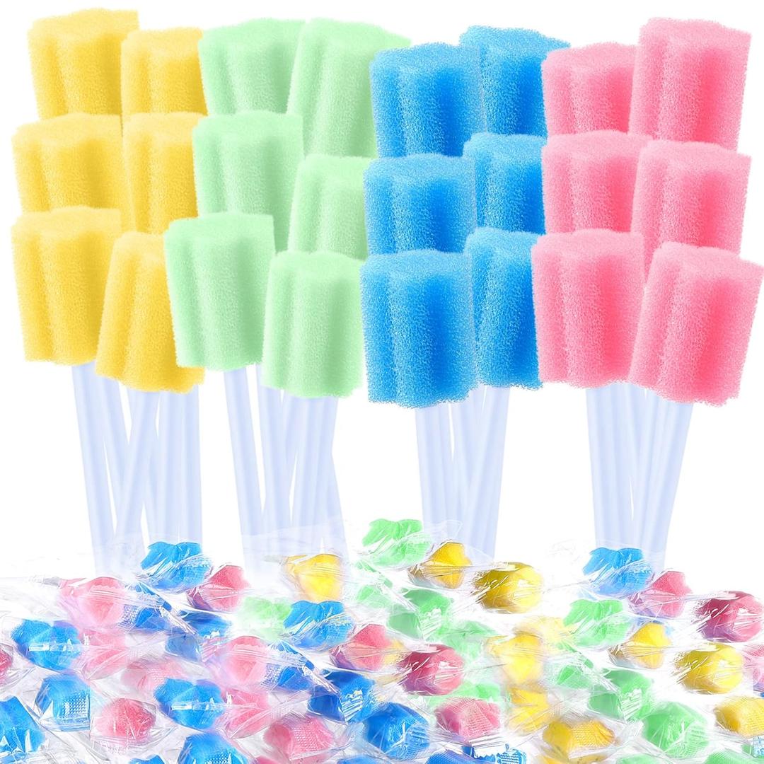TrelaCo 500 Pcs Toothettes Oral Swabs Bulk Disposable Mouth Cotton Swabs Multicolor Sponge Individually Wrapped for Elderly Adults Oral Cavity Mouth Cleaning (Plum Blossom)