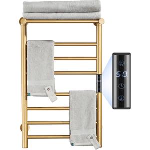 Gold Heated Towel Warmer Rack, Electric Heated Towel Drying Rack for Bathroom Radiator 70W, 7 Bar Wall Mounted Heated Towel Rail with Top Shelf Stainless steel Towel Warmer, 72*45*25Cm(Plug In)