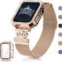 Magnetic Band Compatible with Apple Watch 38mm 40mm 41mm 42mm 44mm 45mm 46mm Stainless Steel Metal Strap with Bling Case and Built-in Screen Protector, Dressy Milanese Loop iWatch Bands for Women