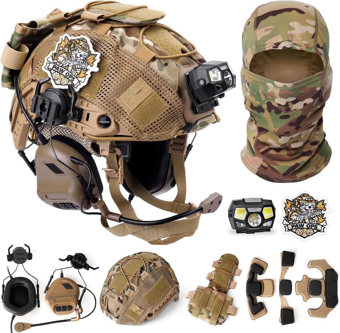 Airsoft Helmet Tactical Helmet with Headset,Mask Mesh,Adjustable Helmet Light for Airsoft Cosplay Military Tactical Gear