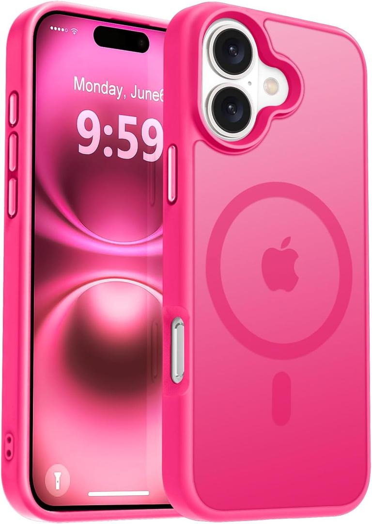 MOCCA Strong Magnetic for iPhone 16 Case, [Compatible with Magsafe][16FT Mil-Grade Drop Protection] Slim Thin Translucent Matte Protective Cover Case for iPhone 16 Phone Case 6.1", Hot Pink