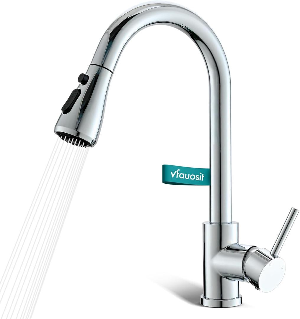 Chrome Kitchen Sink Faucet, Kitchen Faucet with Pull Down Sprayer VFAUOSIT Commercial Stainless Steel Laundry Single Handle Faucet for Kitchen Sink Chrome