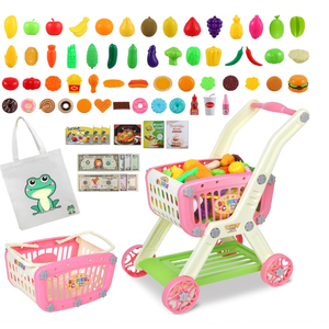 Kids Shopping Cart - 2 in 1 Toy Shopping Cart with Play Food Fruit Vegetable Dessert and Shop Accessories, 72pcs Pretend Play Grocery Store Toy Kitchen Game Trolley Play Set for Kids (Pink)