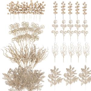 80Pcs Christmas Picks Set, Champagne Glitter Berry Stems & Pine Stems, Artificial Christmas Tree Picks for Christmas Tree Decoration, Garland Wreath Ornaments DIY Crafts Vases Holiday Home Decor