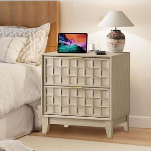 COLAMY Nightstand with Charging Station, 22" Modern Bed Side Table with 2 Storage Drawers and Chessboard Relieffor Bedroom, Dorm and Small Spaces - Oak (Set of 1)