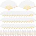 MCEAST 120 Pieces Handheld Fans Silk Bamboo Folding Hand Fans Silk Fabric Folding Fans with Organza Bags for Church Wedding Party Favors Bridal Dancing Props, White