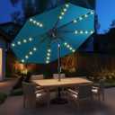 9ft Solar Patio Umbrella - Solar Lights LED Lighted Outdoor Market Table Umbrella, UPF50+ UV Protection with Push Button Tilt, Crank for Pool Deck and Garden (Forest Blue)