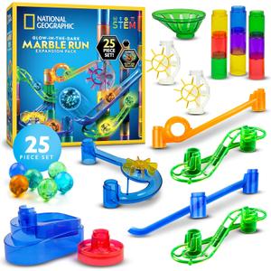 NATIONAL GEOGRAPHIC Glowing Marble Run Expansion Pack - 5 Glow in The Dark Glass Marbles, 20 Construction Pieces, Great Creative STEM Toy for Girls and Boys, Marble Maze
