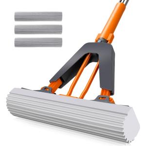 Sponge Mop,Masthome PVA Squeeze Mop with 3 Absorbent Mop Refills,Sponge Mops for Floor Cleaning,Easy Squeeze Roller Mops for Kitchen Bathroom Office (Orange)