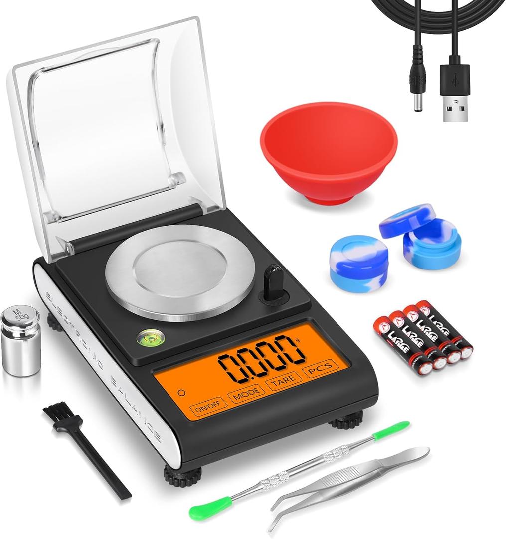 Fuzion Milligram Scale 50g/0.001g, Digital mg Scale with Calibration Weights, Jewelry Scale with Tweezers, Spoon, Bowl, Brush, Micro Scale for Powder, Gold, Herb, Large Display