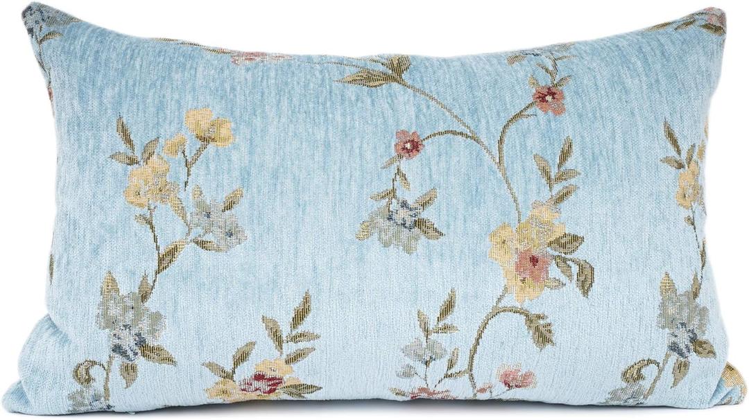 YOUR SMILE Classical Embroidery Jacquard Farmhouse Oblong Rectangle Chenille Teal Floral Pattern Decorative Throw Pillow Case,12x20 inch (Blue)