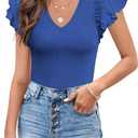 MISSJOY Womens V Neck Ruffle Short Sleeve Ribbed Slimming Basic Bodysuit Leotards Tops Blouses (Medium, Royal Blue)