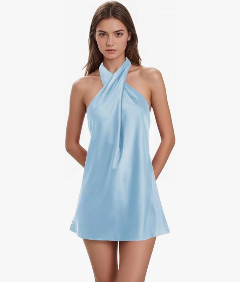 Ouyisha Satin Halter Homecoming Dresses for Teens Short Sleeveless Open Back Formal Cocktail Party Gown 2025.S