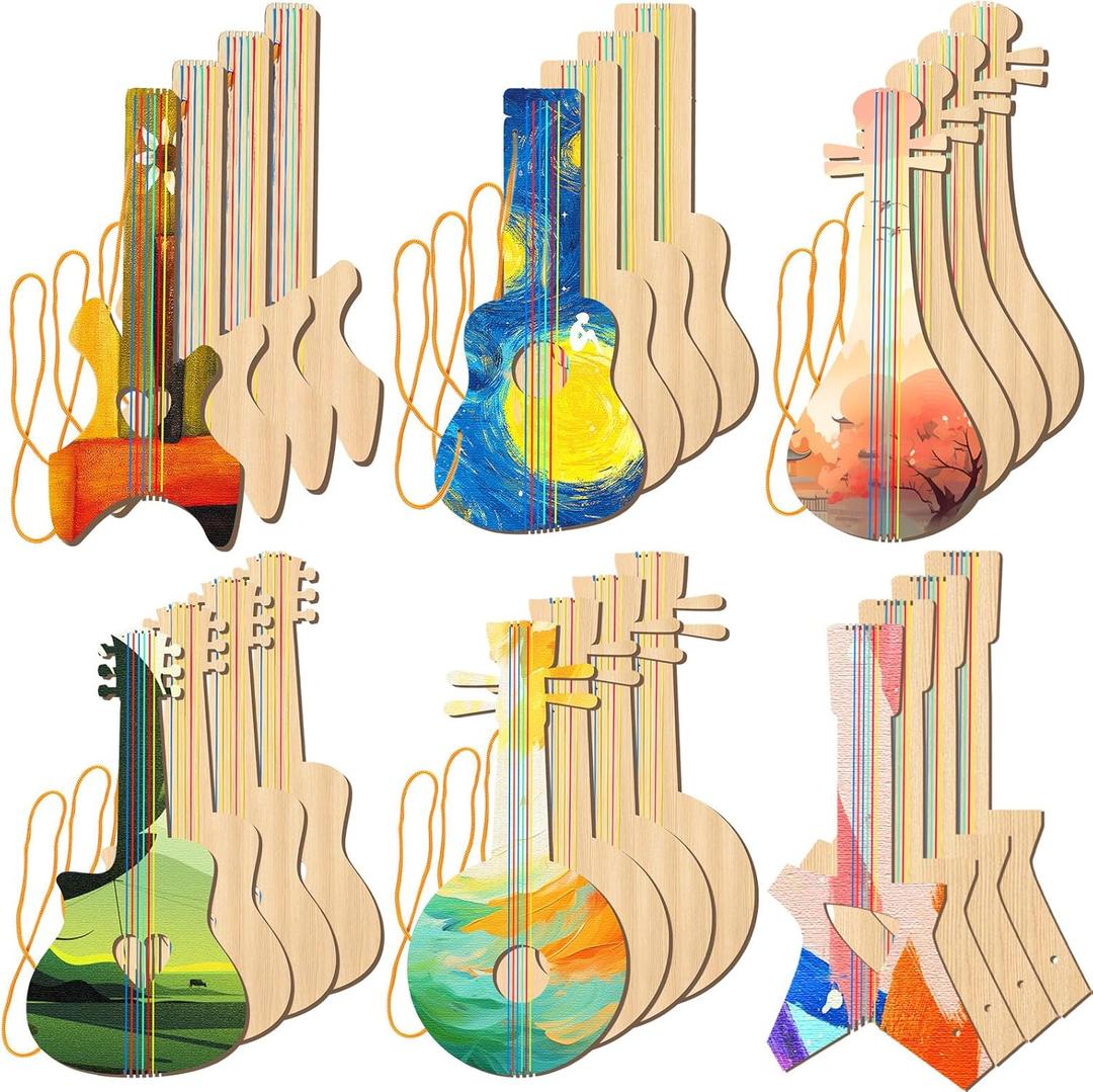 Syhood 24 Pcs DIY Wood Guitar Cutouts for Kids, 12 x 6.5 Inches Wood Guitars Cutouts for Boy Girls, Bamboo Musical Instrument for Painting, Suitable for Crafts Class, Birthday, Theme Party(Classic)