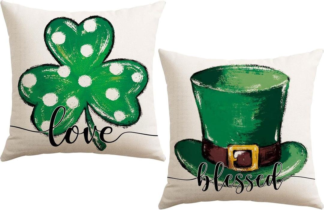 Artscope St Patricks Day Clover Green Hat Throw Pillow Covers 18x18 Inch Set of 2, Polka Dot Shamrock Holiday Decoration Pillow Cases for Home Sofa Couch