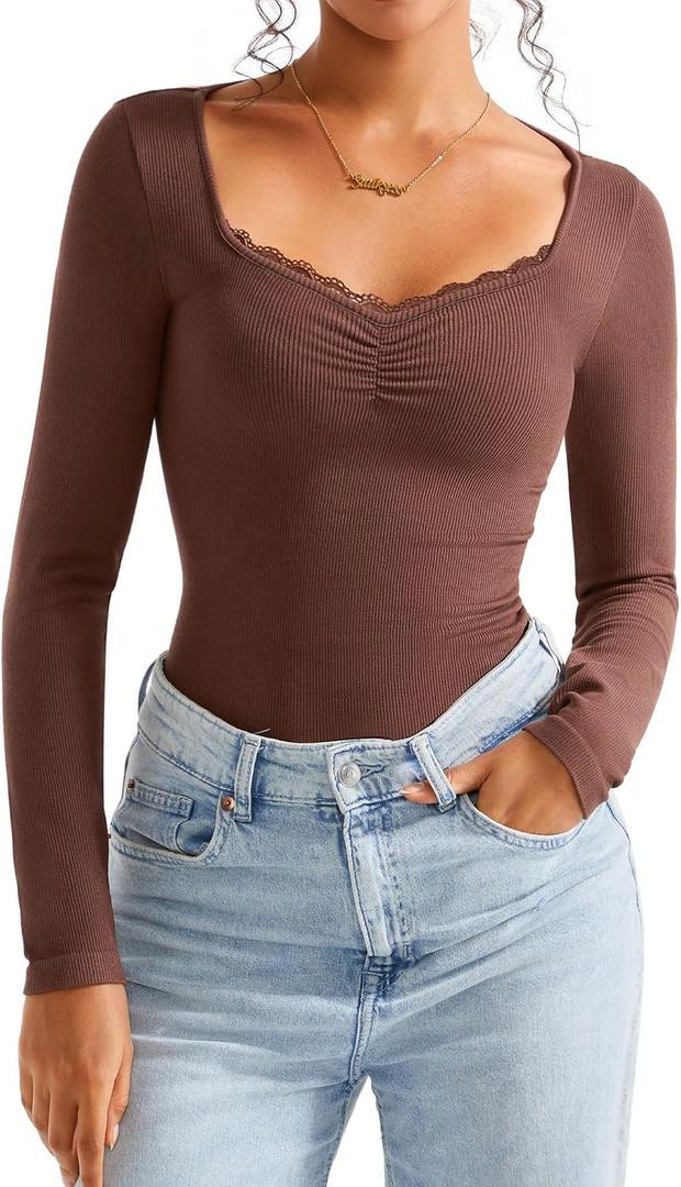 SUUKSESS Women Sweetheart V Neck Long Sleeve Tops Lace Trim Ribbed Modal Fall Going Out Shirts (Medium, Dark Coffee)