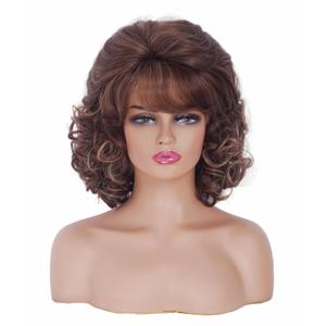 Short Brown Mixed Wigs for Women Wavy Shoulder Length Wig with Bangs Synthetic Curly Natural Wig for Role Play,Halloween,Daily Use
