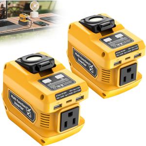 2 Packs 220W Power Inverter Compatible with Dewalt 20V Battery (Battery Not Included), DC 20V to AC 110V Portable Power Station, 400LM LED Light, 1 AC Outlet, 2 USB & 1 TypeC Fast Charging (Yellow)