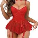 Women Sexy Lingerie Set Naughty Lace Up Corset Bodysuit Underwire Lingerie Babydoll With Garter Belt and Bow Tie (Small, Red)