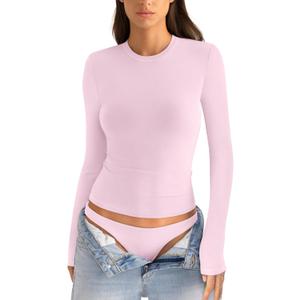 Womens Cotton Long Sleeve Shirts Crew Neck Fitted Basic Going Out Outfits Undershirt Spring Fall Clothes 2025 (Small, Baby Pink)