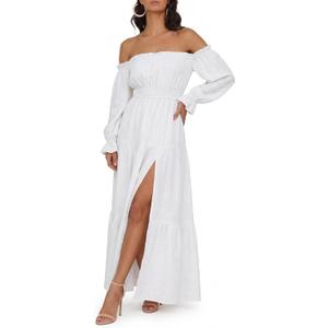 Womens Off Shoulder Smocked Maxi Dress Long Sleeve Flowy Long Dresses Tiered Elegant Cocktail Party Sundress (Large, White)