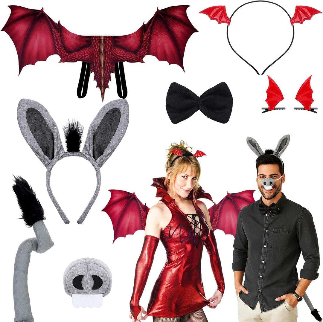 8 Pcs Halloween Dragon Donkey Costume Adult Couple Costume Set Devil Wings Donkey Ears Tail Nose Headband Hairpin and Bow Ties for Halloween Cosplay Party