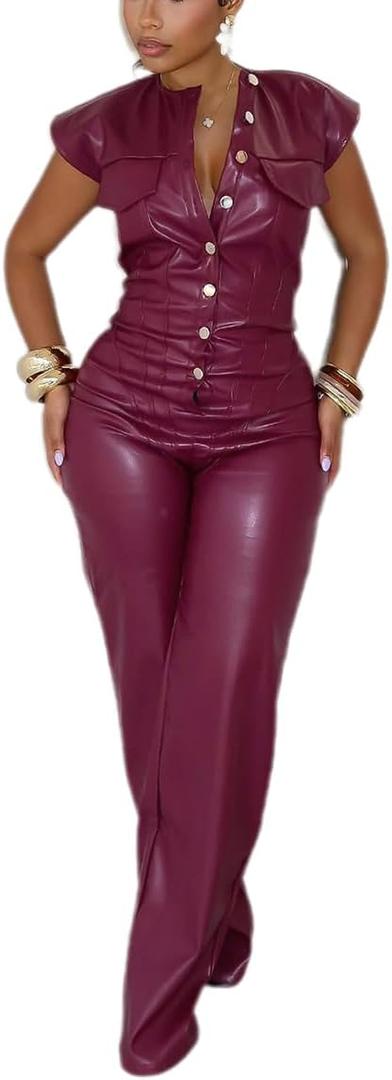 ksotutm Womens PU Leather Jumpsuit Sexy Sleeveless Button Top Tight Waist Wide Leg Bodysuit Party Club Night Two Piece Set (Small, Wine Red)