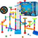 152pcs Glowing Marble Run Kit with Double Tracks Motorized Spiral Lift,2 Stunt Trampolines,30 Glow in The Dark Plastic Marbles & More. Building Project Toys, STEM Gifts for Boys&Girls.