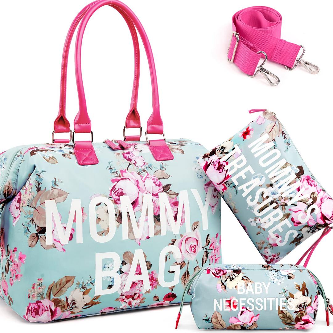 LitBear Mommy Bag for Hospital, Hospital Tote for Labor and Delivery, Large Capacity Waterproof Mommy Organizer, Multifunction Overnight Tote for Women, Mom Bag with Straps (Blue Floral)