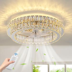 Fandelier Ceiling Fan with Lights and Remote Control Dimmable Crystal Ceiling Fan LED 3 Color 6 Speeds Chandelier Fan Bedroom Kitchen Living Room