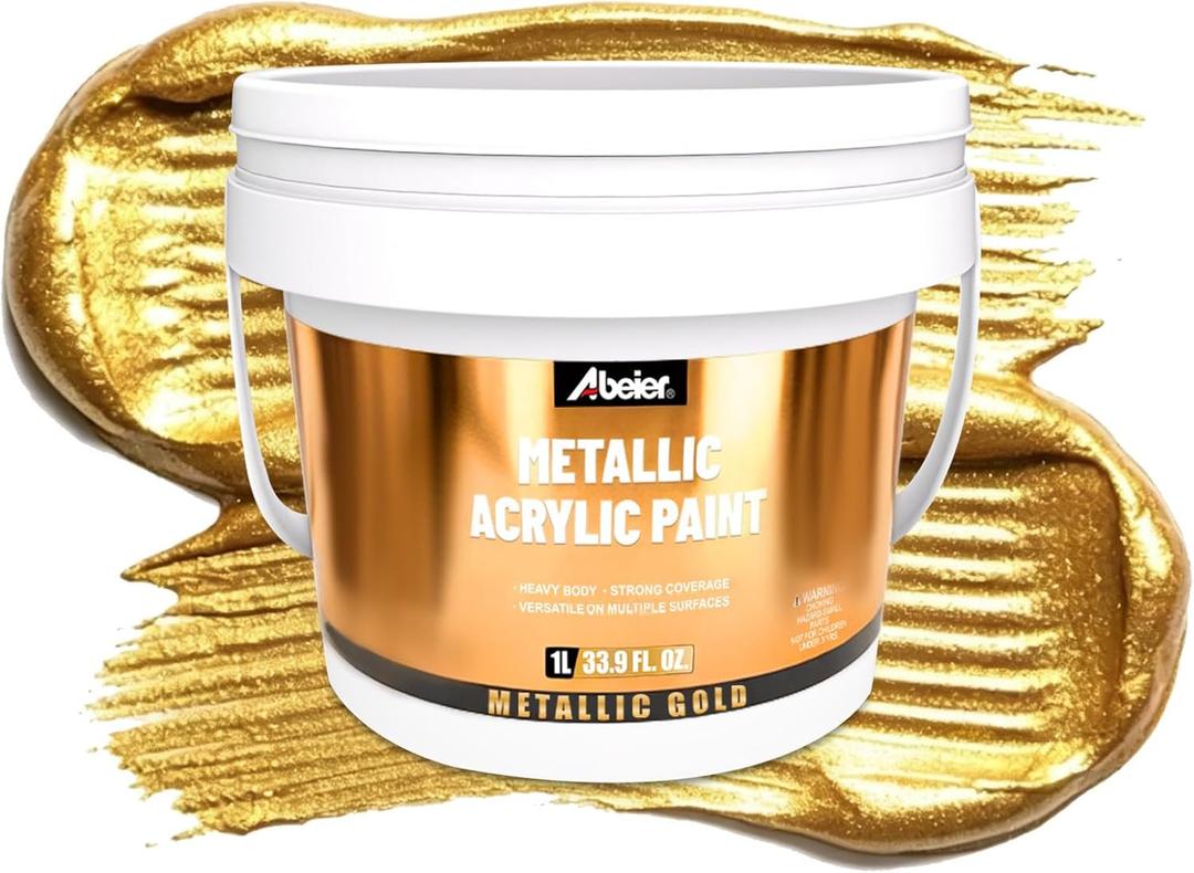 ABEIER Metallic Gold Acrylic Paint, 1L / 33.9 oz, Bulk Heavy Body Gold Leaf Paint, Acid-Free & Quick-Drying Gold Paint for Canvas, Wood, Metal, Furniture, DIY Crafts