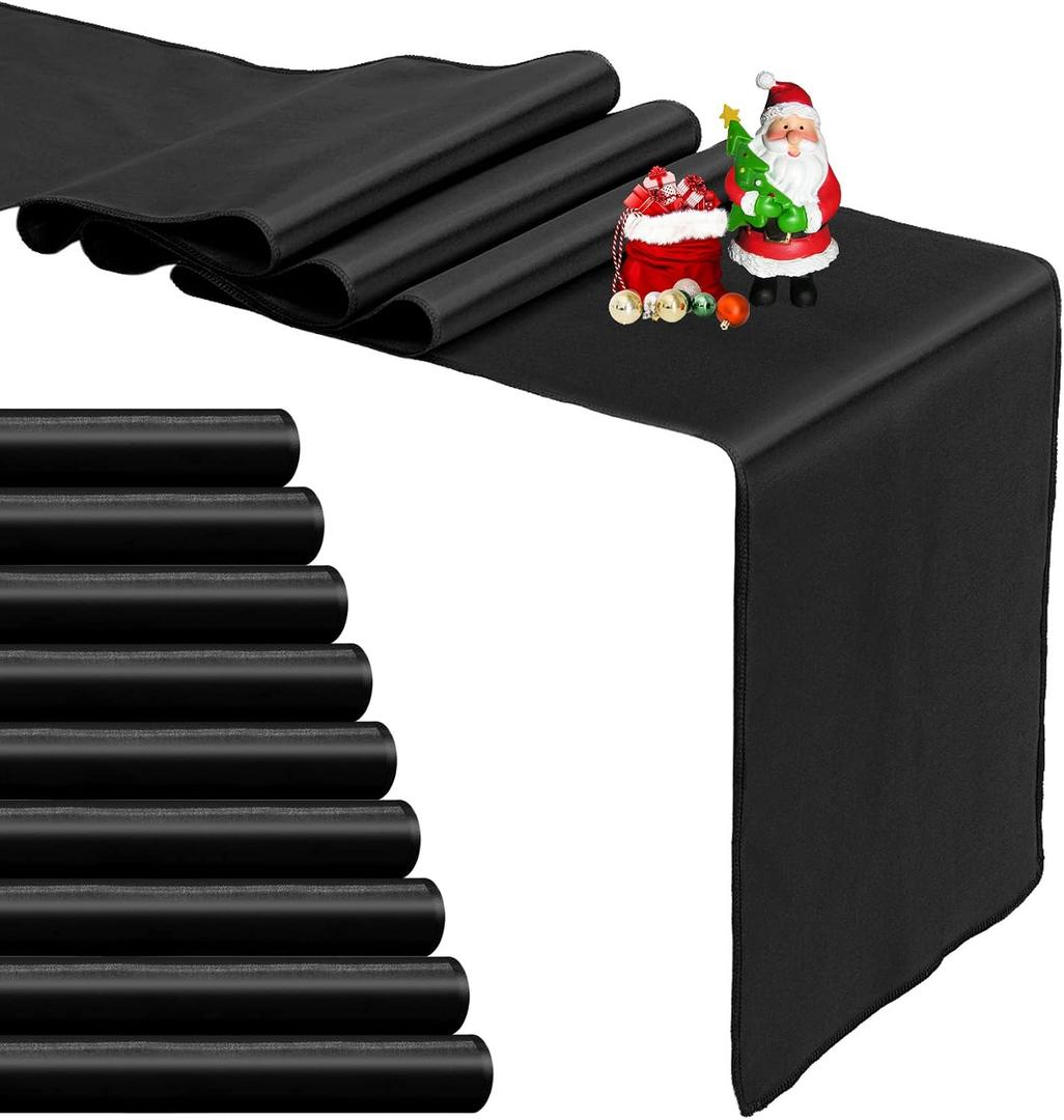 10-Pack Black Satin Table Runner 12 x 108 Inch Long Bright and Smooth Silk Fabric Table Runner for Wedding Banquet Birthday Party Decoration, 12"x108" 10PCS