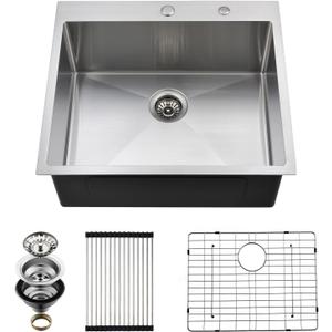 Drop In Kitchen Sink, 25 x 22 x 10 Inch 16 Gauge Single Bowl Topmount Sink T-304 Stainless Steel Kitchen Sinks with Accessories