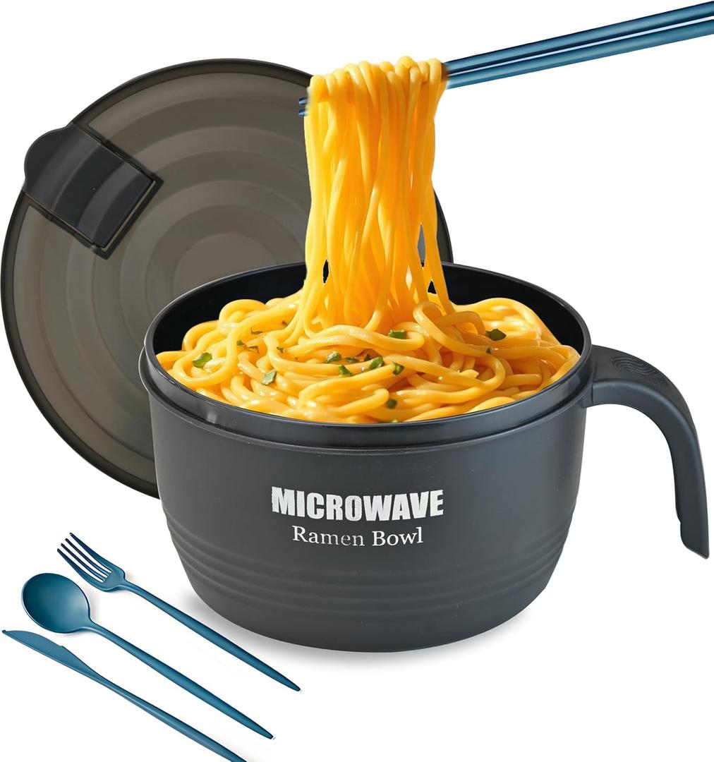 Layron Large Ramen Bowl, Ramen Noodle Bowls Microwavable 45 oz, Ramen Cooker, Microwave Pasta Cooker, Ramen Bowl Microwave Gift for College Boys Girls Male Female Dorm Room (black)