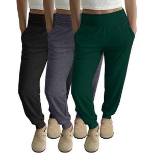 Ficerd 3 Pack Women's Lounge Pants, Cozy Yoga Joggers with Pockets High Waisted Workout Sweatpants Lightweight Comfy Pants (Black, Dark Gray, Green)