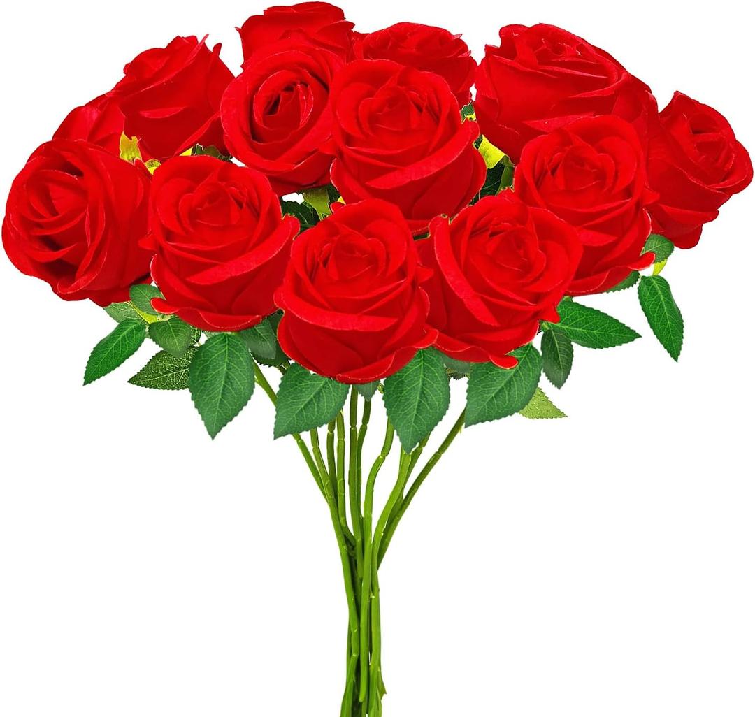 hailanbao Red Artificial Roses with Long Stems, 12Pcs Realistic Roses Artificial Flowers, Faux Roses | Bulk Fake Flowers for Home Decor, Wedding Party Table Centerpieces, DIY Bouquet