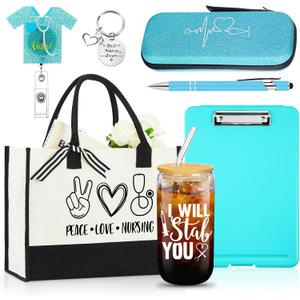 Teenyyou 7 Pcs Nurse Gifts for Women Set Rn Appreciation Set Nurses Week Nurses Winter Gift Include Tote Bag Stethoscope Case Ballpoint Pen Badge Reel Clipboard Keychain(Blue,Fresh Style)