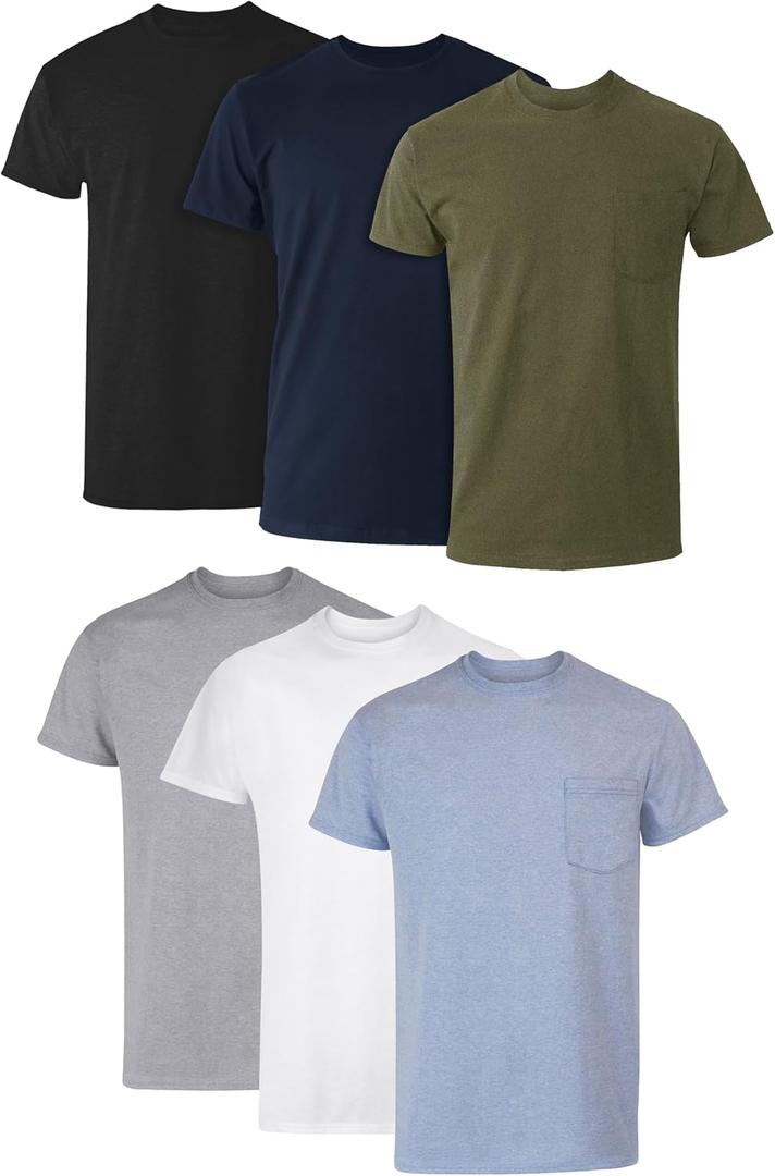 Hanes Men's Pocket Undershirt Pack, Cotton Crew Neck T-Shirt, Moisture Wicking Tee, Assorted 6-Pack (X-Large, Grey Heather, Black, Hiker Green Heather, White, Navy, Blue Heather)