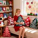 Lanpn Christmas Tree Pillows Set of 2, Line Christmas Tree Decoration Winter Soft Cute 3D Shaped Xmas Tree Throw Cushion for Sofa Bedroom Xmas Decor (20.5x16 inch, Green & Red) (Branches Texture)